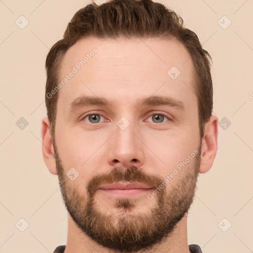 Neutral white young-adult male with short  brown hair and grey eyes