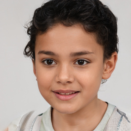 Joyful white child female with short  brown hair and brown eyes