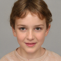 Joyful white child female with short  brown hair and brown eyes