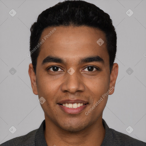 Joyful latino young-adult male with short  black hair and brown eyes