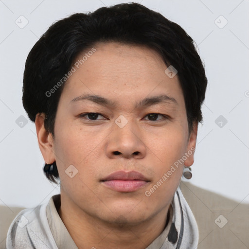 Neutral asian young-adult male with short  brown hair and brown eyes
