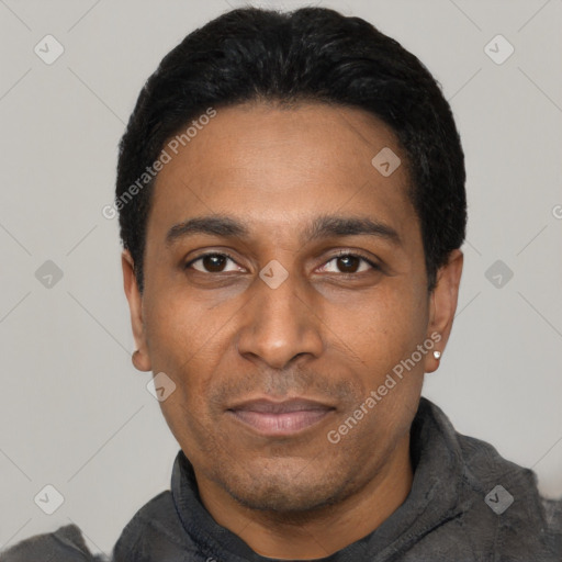 Neutral latino adult male with short  black hair and brown eyes