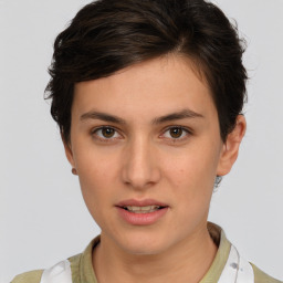 Neutral white young-adult female with short  brown hair and brown eyes