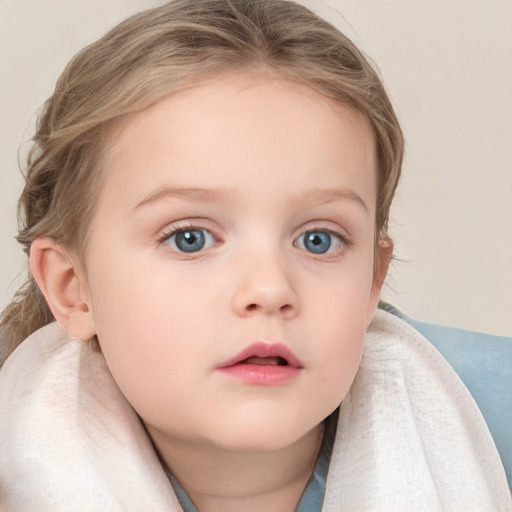 Neutral white child female with medium  brown hair and blue eyes