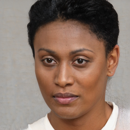 Neutral black young-adult female with short  brown hair and brown eyes