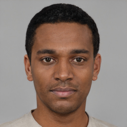 Neutral black young-adult male with short  black hair and brown eyes