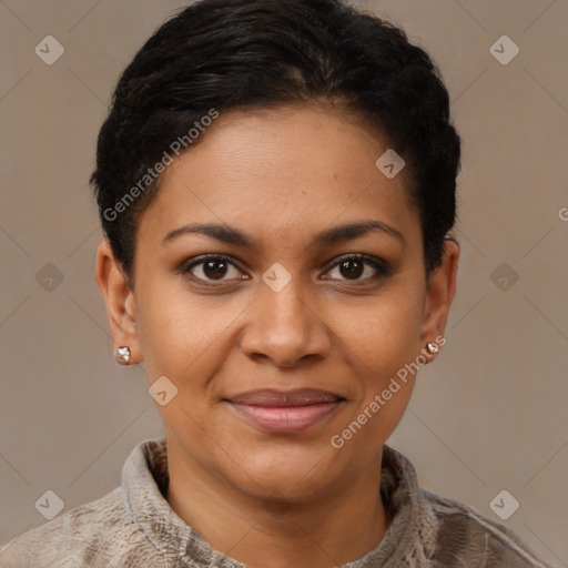 Joyful black young-adult female with short  brown hair and brown eyes