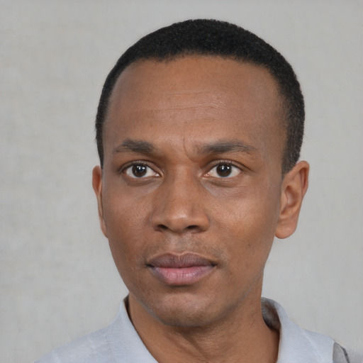 Neutral black adult male with short  black hair and brown eyes