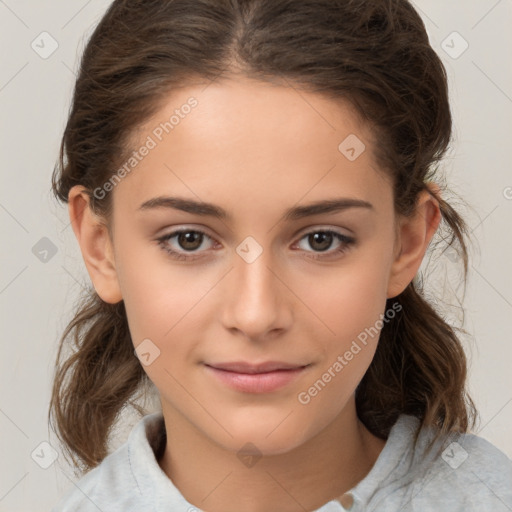 Joyful white child female with medium  brown hair and brown eyes