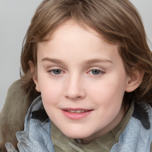 Joyful white child female with medium  brown hair and grey eyes