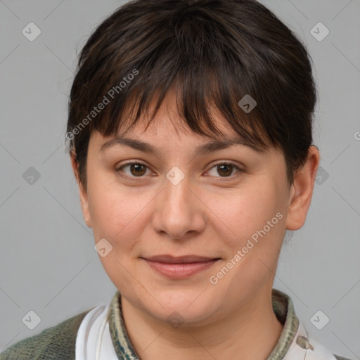 Joyful white adult female with medium  brown hair and brown eyes