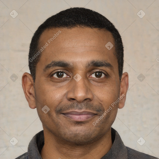 Joyful black young-adult male with short  black hair and brown eyes