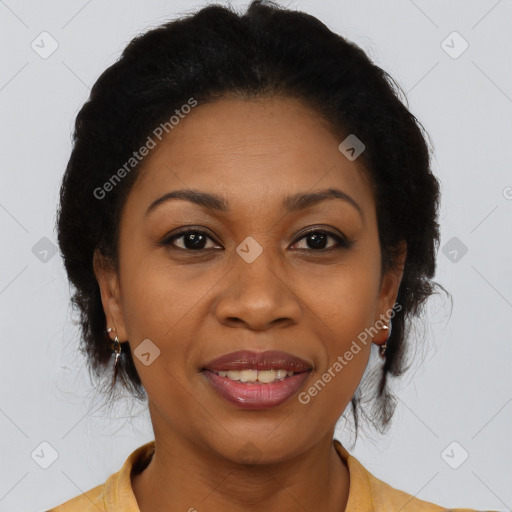 Joyful latino adult female with short  brown hair and brown eyes