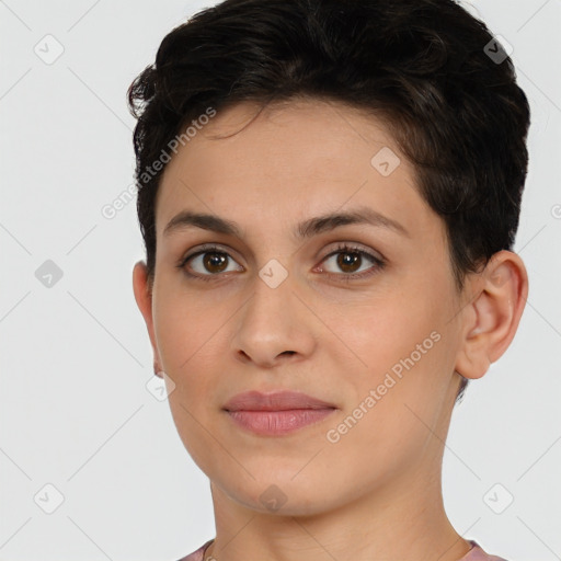 Joyful white young-adult female with short  brown hair and brown eyes