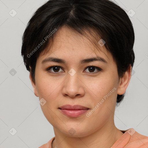 Joyful white young-adult female with short  brown hair and brown eyes