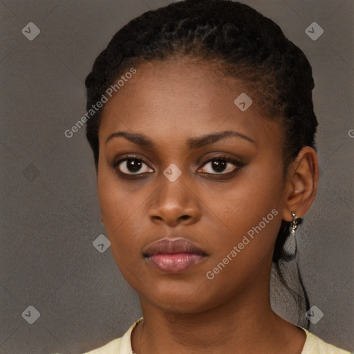 Neutral black young-adult female with short  black hair and brown eyes