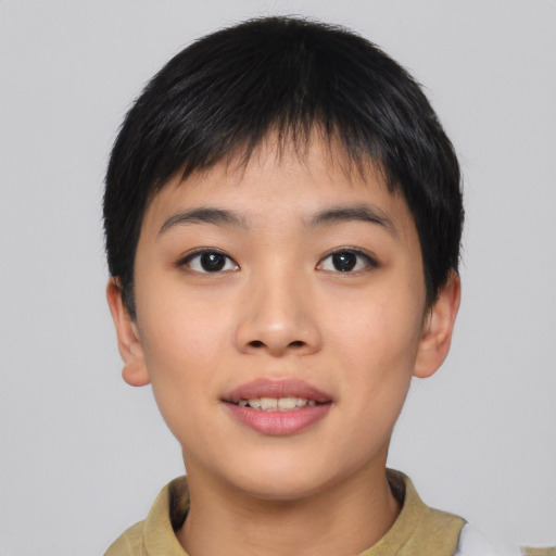Joyful asian young-adult female with short  black hair and brown eyes