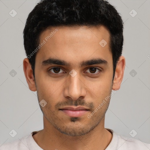 Neutral latino young-adult male with short  black hair and brown eyes