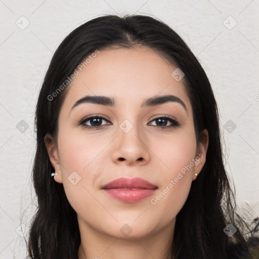 Joyful white young-adult female with long  black hair and brown eyes