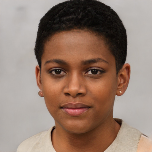 Neutral black young-adult female with short  black hair and brown eyes