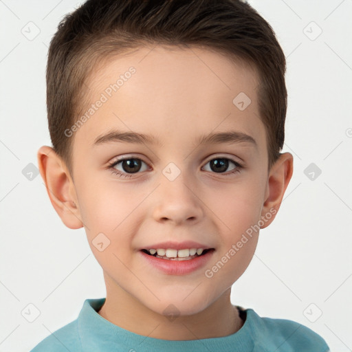 Joyful white child male with short  brown hair and brown eyes