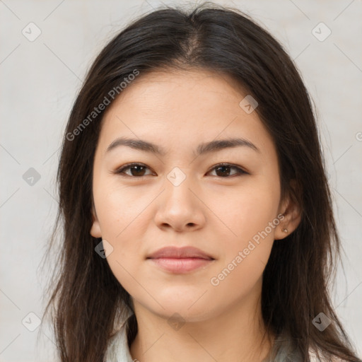 Neutral white young-adult female with medium  brown hair and brown eyes