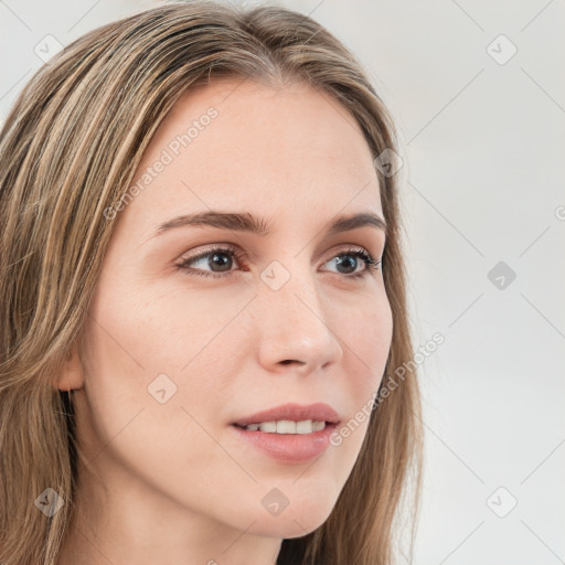 Neutral white young-adult female with long  brown hair and brown eyes