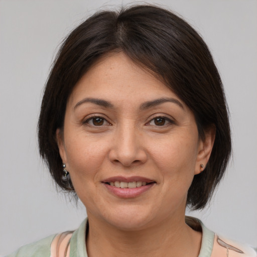 Joyful white adult female with medium  brown hair and brown eyes