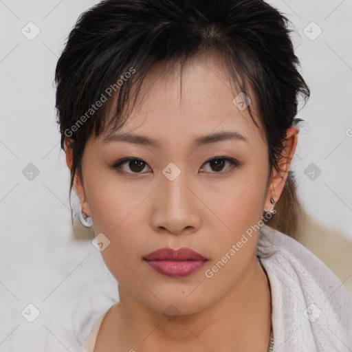 Neutral asian young-adult female with short  brown hair and brown eyes