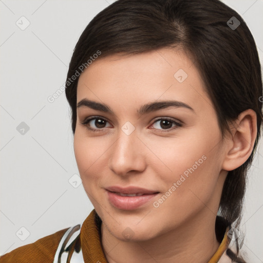 Joyful white young-adult female with medium  brown hair and brown eyes