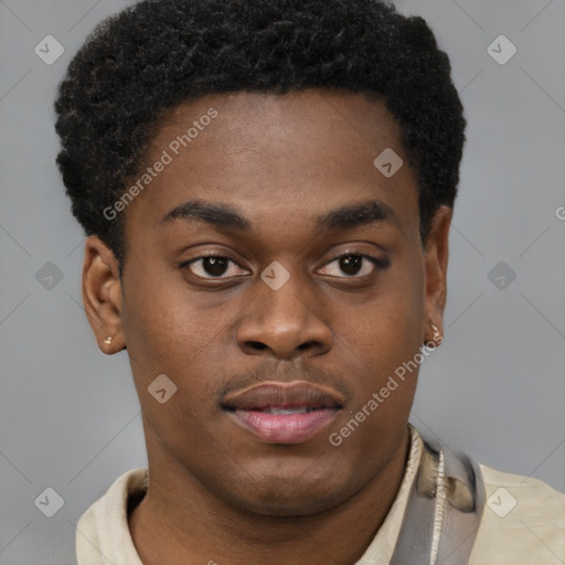 Joyful latino young-adult male with short  brown hair and brown eyes