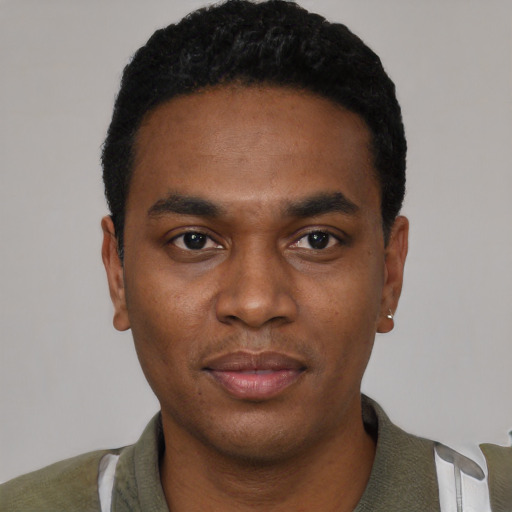Neutral black young-adult male with short  black hair and brown eyes