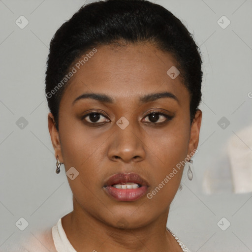 Neutral black young-adult female with short  brown hair and brown eyes