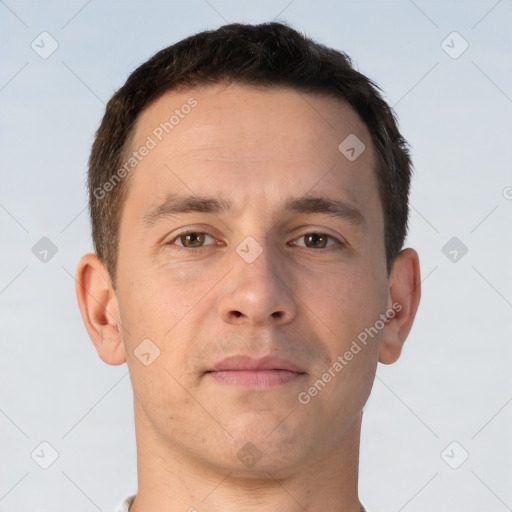 Neutral white adult male with short  brown hair and brown eyes