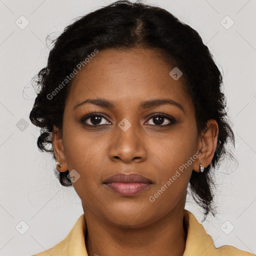 Joyful black young-adult female with medium  black hair and brown eyes