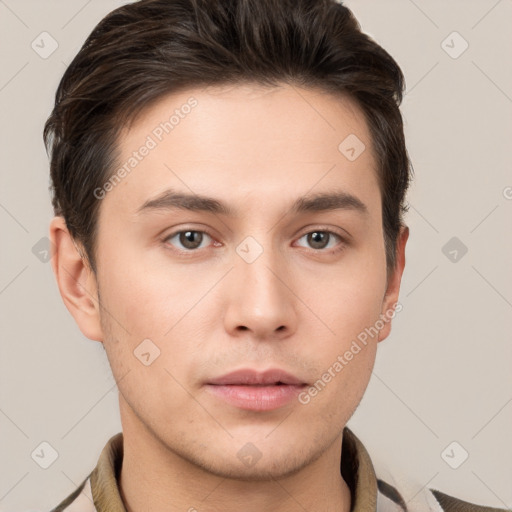 Neutral white young-adult male with short  brown hair and brown eyes