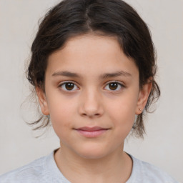 Joyful white child female with medium  brown hair and brown eyes