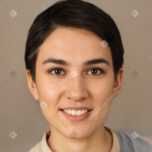 Joyful white young-adult female with short  brown hair and brown eyes