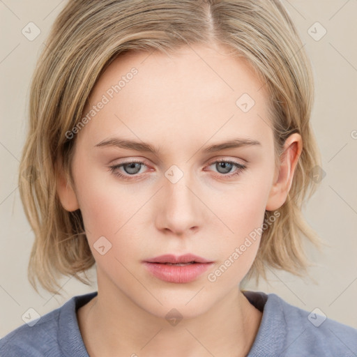 Neutral white young-adult female with medium  brown hair and grey eyes