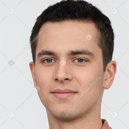 Neutral white young-adult male with short  brown hair and brown eyes