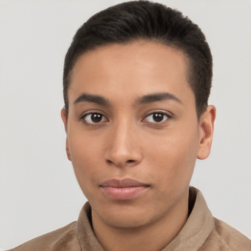 Neutral latino young-adult male with short  black hair and brown eyes