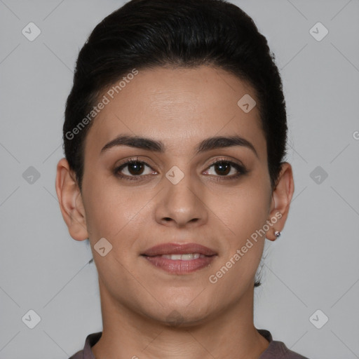 Joyful white young-adult female with short  brown hair and brown eyes