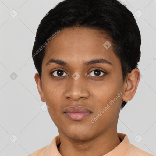 Neutral black young-adult female with short  black hair and brown eyes