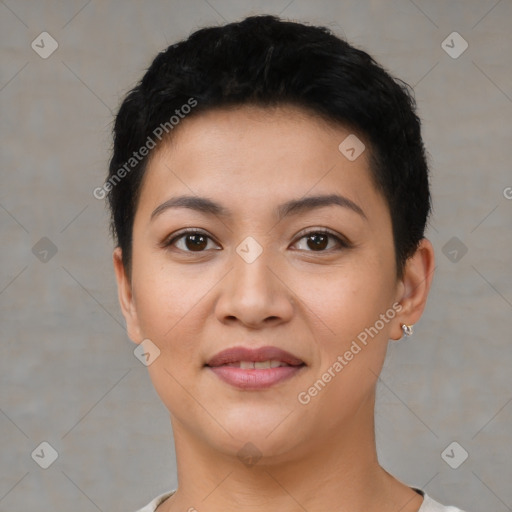 Joyful latino young-adult female with short  black hair and brown eyes