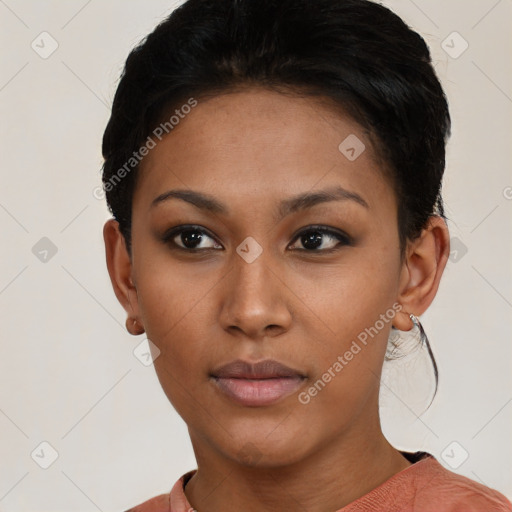 Neutral asian young-adult female with short  brown hair and brown eyes