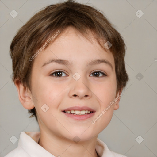 Joyful white child female with short  brown hair and brown eyes