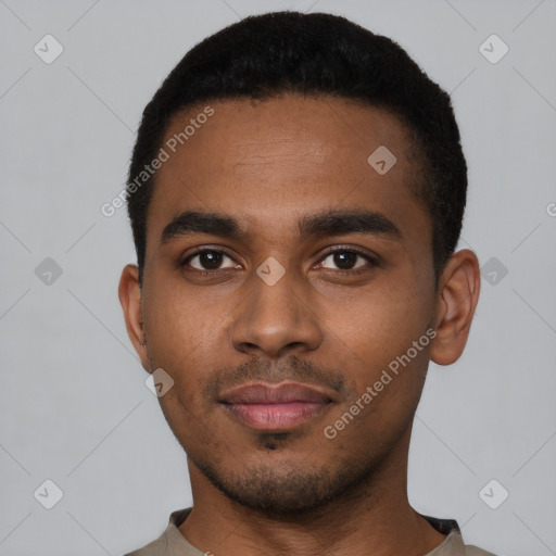 Neutral black young-adult male with short  black hair and brown eyes