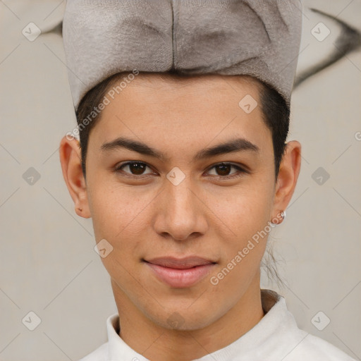 Joyful latino young-adult male with short  brown hair and brown eyes