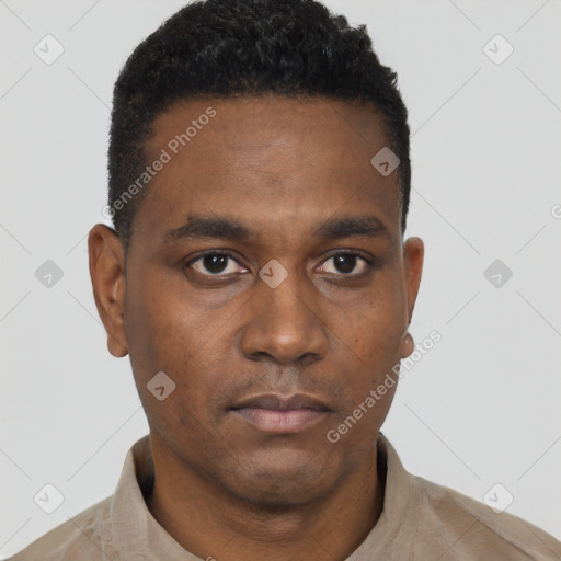 Neutral black young-adult male with short  black hair and brown eyes
