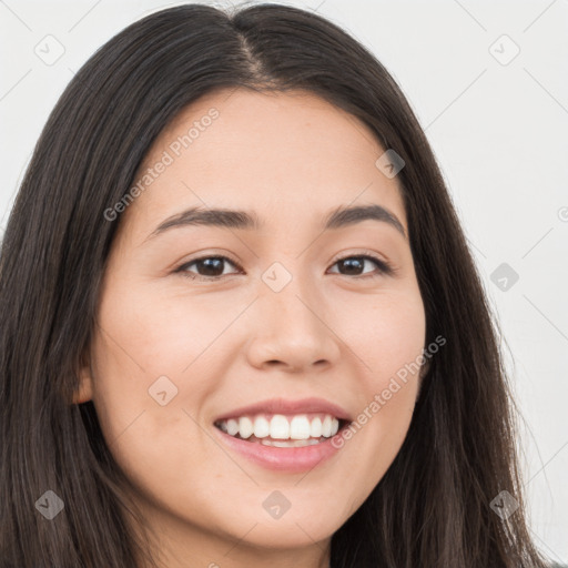 Joyful white young-adult female with long  brown hair and brown eyes